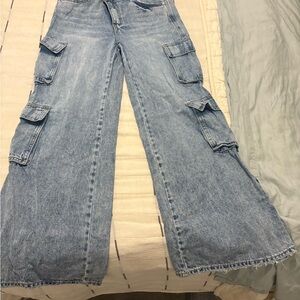 Women's Light Blue Flare Cargo Jeans